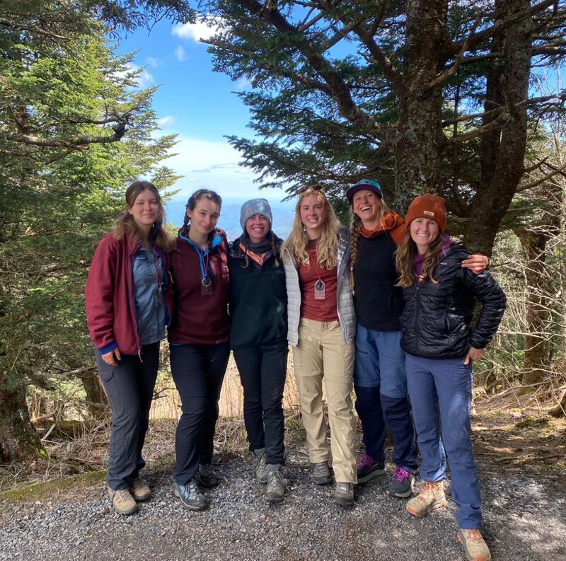 In a scenic outdoor setting, a group of six women stand together, posing for a photo. They are dressed in casual outdoor attire, including jackets, pants, and hats, suggesting they are prepared for the elements. The backdrop features lush greenery, trees, and a glimpse of a cloudy sky, indicating a natural environment, possibly a forest or park. The overall atmosphere is one of camaraderie and enjoyment of the outdoors.